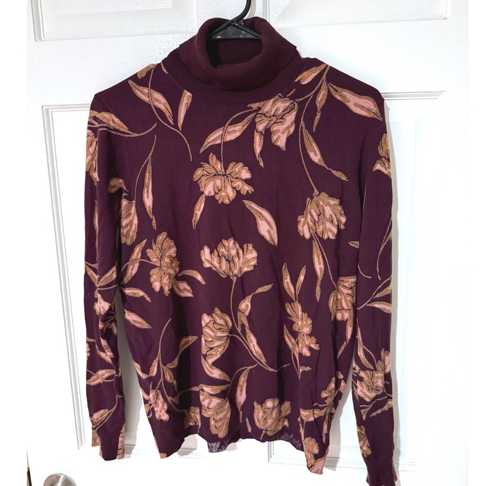 Daniel Rainn Burgundy Floral Turtleneck Sweater Long Sleeve Viscose Blend